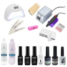 Стартовий набір для покриття нігтів гель лаком Kodi, UV LED лампа Sun 5, фрезер Lina Mercedes